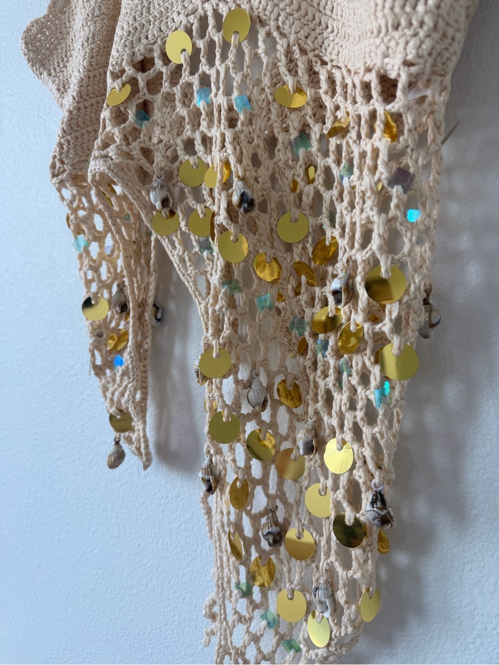 Beige Crochet Sequin Tie-Shoulder Tank Top - Picture 2 of 5